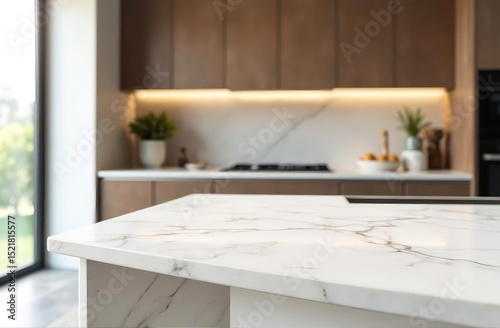 Marble empty white table top fron view, blur minimalistic scandy kitchen interior background in brown wooden colour and light wood, for montage product display or design key visual layout