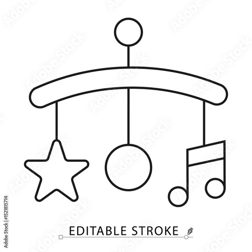 Baby mobile icon in minimal black outline style with hanging star, ball and music note on white background. Editable stroke vector for infant toy, nursery, sleep aid or baby concept. Baby mobile icon