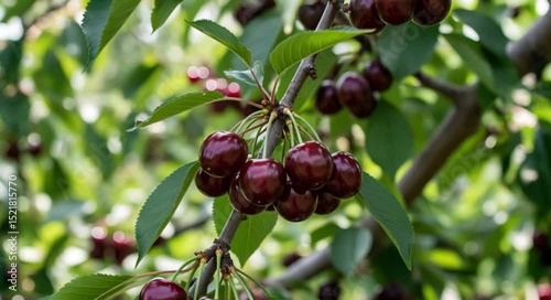 Cluster of dark cherries hanging on branch . Fresh summer fruit captured in natural light. Garden harvest moment. Concept: fruit market, juice company, confectionery, Summer festivals, fruit picking 