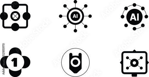 A collection of six distinct black and white vector icons on a white background