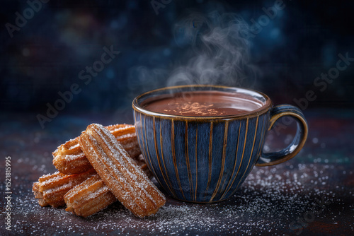 Cinnamon churros resting next to steaming hot chocolate. Dark moody backdrop creates inviting atmosphere. Concept of dessert, bakery, culinary experiences