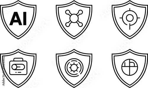 Illustration of six shields with different icons inside on a white background