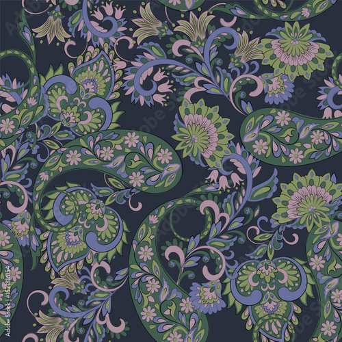 Paisley vector seamless design featuring stunning flowers and leaves in a batik-inspired style. Vintage backdrop