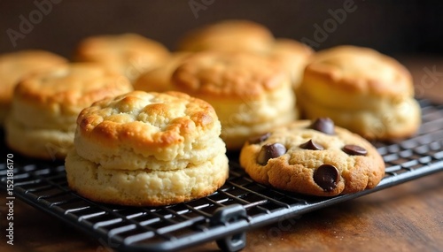 Warm, golden-brown biscuits and chocolate chip cookies, freshly baked and cooling on a wire rack A delightful combination of textures and flavors, perfect for a sweet treat , oven baked, tasty