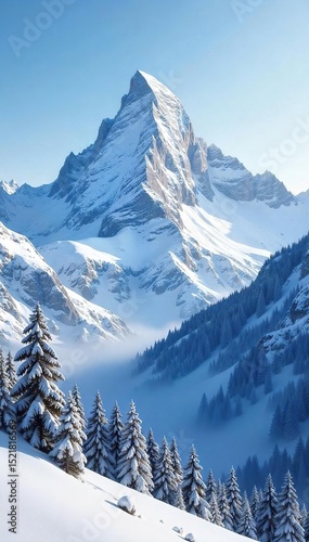Majestic snow-capped peaks rise above a pristine, untouched landscape Serene winter wonderland, perfect for travel and nature posters , forest, trees