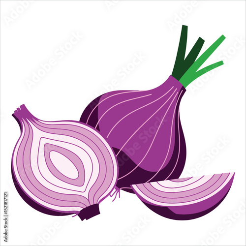 Red onion vector isolated on white. Clean illustration for recipes, food blogs, and culinary graphics.