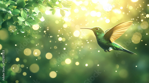 Hummingbird flying in dreamy green forest with bokeh light effect nature wildlife background image
