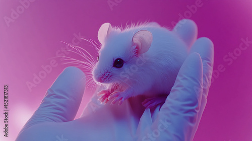 White lab mouse held in gloved hand for scientific research animal testing and experimentation study
