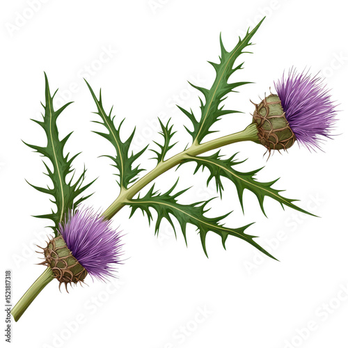 Purple Thistle Branch Botanical Illustration with Spiky Leaves