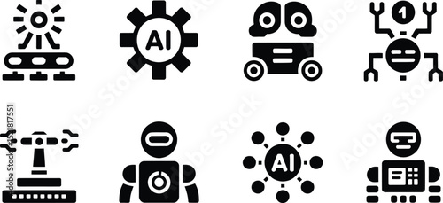 Illustration of eight different ai and robot icons in black on a white background