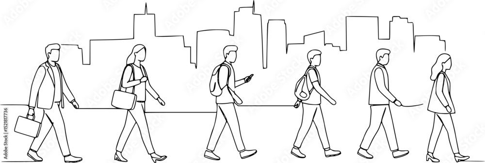 Obraz premium One line drawing of urban residents walking on city street. Group of different people walking city background. Casual townspeople crosses the road in one way hand drawn vector illustration