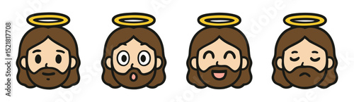 Bearded Angel Emoji Set – Neutral, Surprised, Happy and Sad Faces – Cute Vector Icons with Halo

