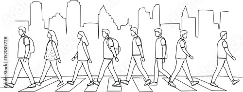 One line drawing of urban residents walking on city street. Group of different people walking city background. Casual townspeople crosses the road in one way hand drawn vector illustration