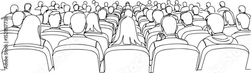 eople sit cinema hall back rear view looking at screen continuous one line drawing. Hand drawn audience cinema, theatre vector silhouette. Crowd of people in the auditorium contour illustration