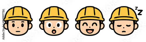 Cute Construction Worker Emoji Set – Neutral, Surprised, Happy and Sleepy Faces – Kawaii Vector Stickers
