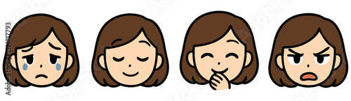 Kawaii Woman Emoji Set – Crying, Sleepy, Laughing and Angry Female Faces – Cute Cartoon Vector Stickers
