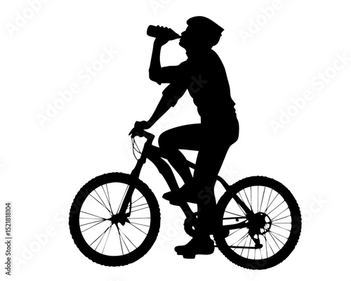 man Biker with Helmet Hydrating on a Break, Road Bike Silhouette Isolated on White