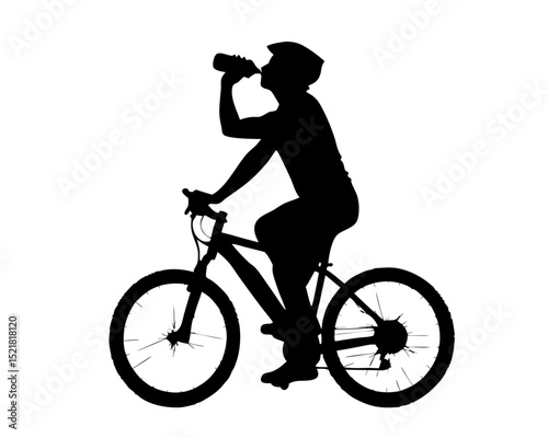 man Biker with Helmet Hydrating on a Break, Road Bike Silhouette Isolated on White