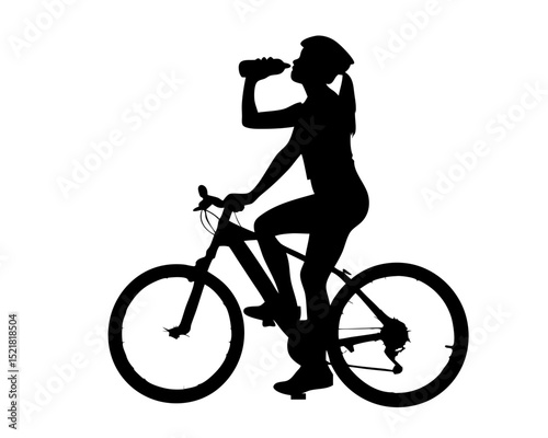 Female Cyclist Silhouette Taking a Break and Drinking Water, Vector silhouette  Illustration
