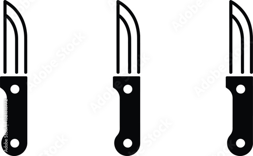 Three black knife icons with curved blades and handles in a row on white background