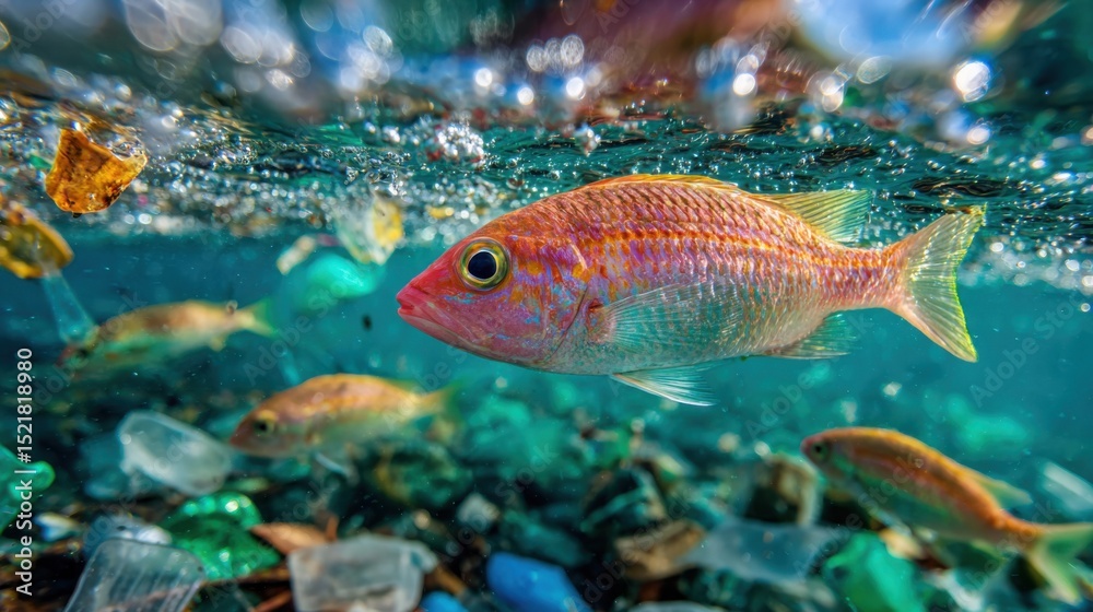 Fototapeta premium Red Fish Swimming Through Plastic Waste in Ocean, Illustrating Environmental Pollution and Corporate Social Responsibility Efforts : Generative AI