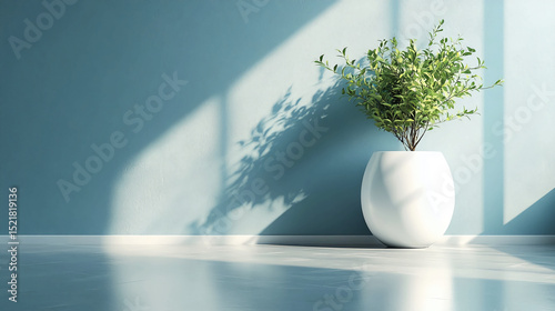 Indoor plant in white pot on light blue wall with sun shadow home decor and interior design ideas