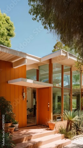 Architectural exterior of a mid-century modern home with orange paneling and a flat roof, surrounded by potted plants and lush greenery under clear sky