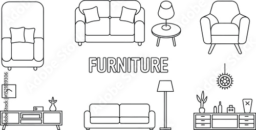 A collection of outlined furniture pieces including sofas chairs and tv stands