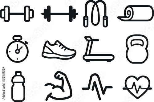 fitness icon set. outlined vector for dumbbell, treadmill, stopwatch, water bottle, muscle arm, heart rate and yoga mat.