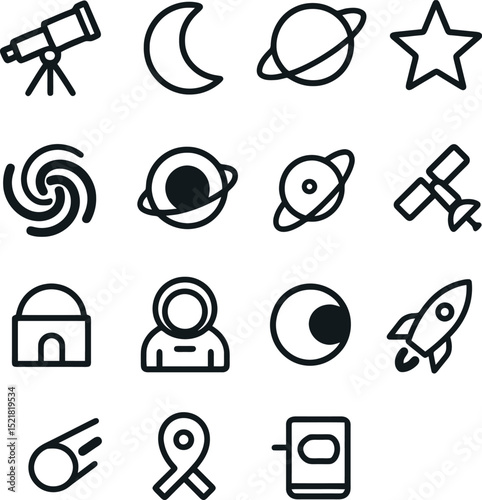 space and astronomy icons. black line set for telescope, astronaut, moon, planets, rocket, satellite, observatory and star.