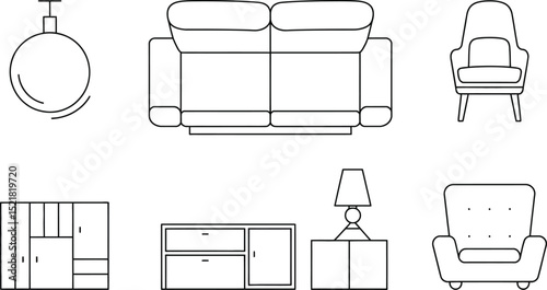 Line art illustration of living room furniture including sofa and armchairs lamp