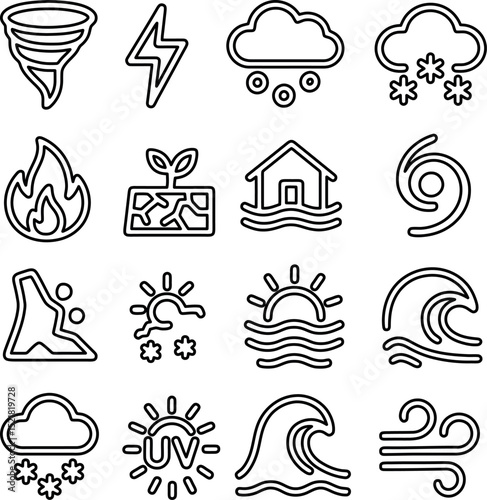 disaster and extreme weather icons. outlined set for hurricane, flood, wildfire, UV, tsunami, wind, thunderstorm, and sun.
