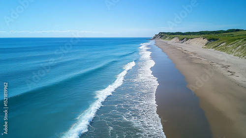 Aerial beach ocean waves sky sand coastline summer vacation destination travel nature landscape scenic view