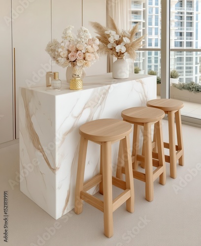 A white marble island, wood cabinets, and vibrant spring flowers come together to create a modern kitchen