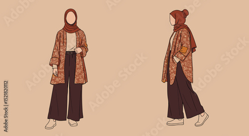 Fashion illustration of a woman wearing a stylish outfit with hijab  