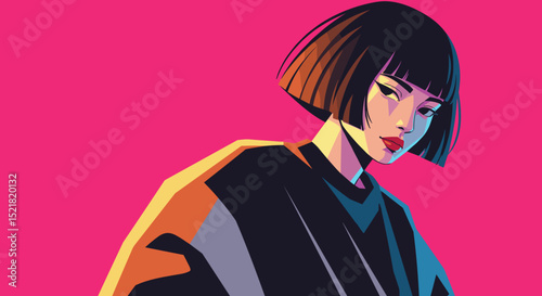 Stylish young woman with short hair in colorful abstract art