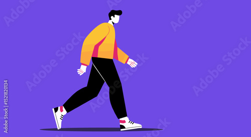 Young man walking in casual outfit against purple background  