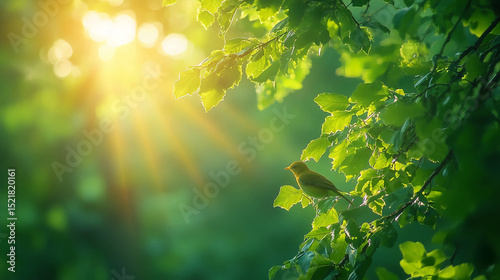 Bird watching in nature photography beautiful green foliage and sunlight shining through the trees outdoors