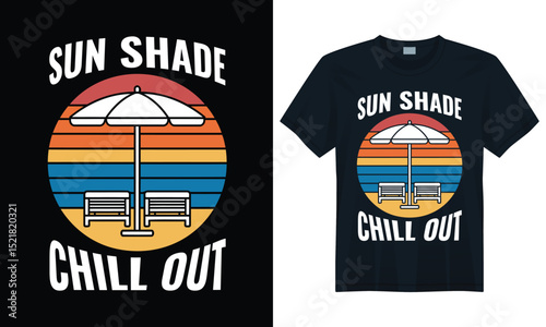Retro beach t-shirt design with colorful sunset, umbrella, and chairs for relaxing summer days