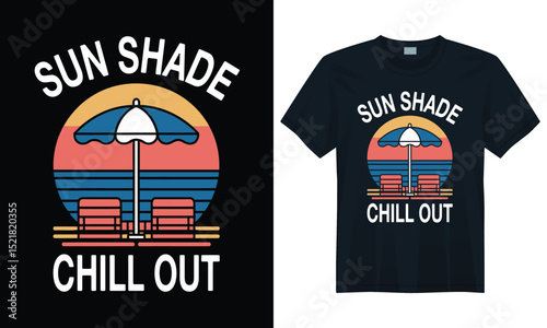Vintage beach design with sunshade and chairs for chill summer vibes retro aesthetic t-shirt