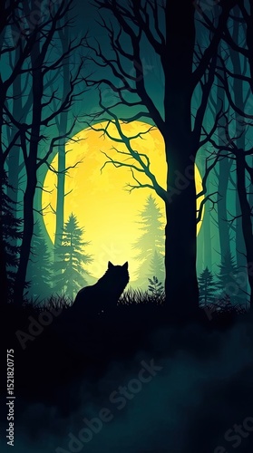Silhouette of a wolf stands in a dark forest as a large full moon casts a bright glow through the trees at night creating a mystical atmosphere