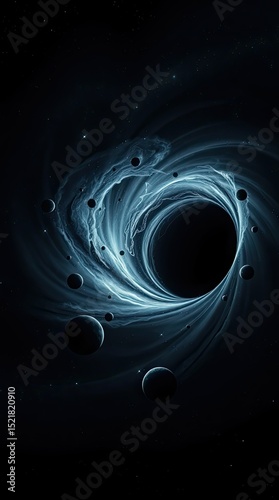 Cosmic scene features a black hole at the center surrounded by swirling gases and distant planets in a vast dark universe filled with stars