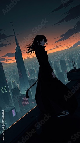 A mysterious silhouette stands on a rooftop gazing at the illuminated city skyline during dusk as the sun sets behind towering buildings