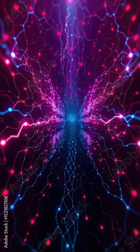 Bright neon lines and dots form an intricate pattern radiating from a central point creating a captivating visual of energy and connectivity in a digital realm