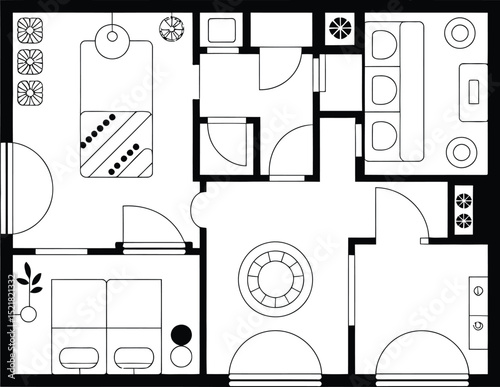 Detailed black and white floor plan of a compact apartment with furniture layout