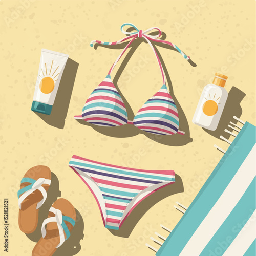 Top View of Beach Items – Towel, Bag, Sunglasses and Flip Flops

