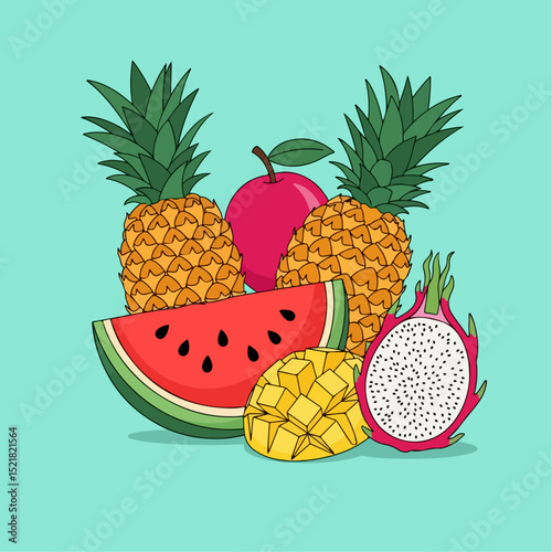 Tropical Summer Fruits with Pineapple, Dragon Fruit, Mango and Watermelon