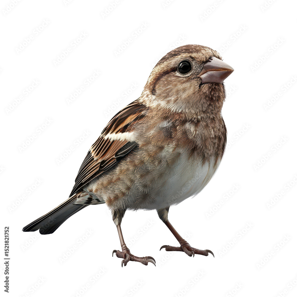 Sparrow perching on a surface in a bright and well-lit setting capturing its intricate feather patterns and gentle expression Sparrow perching on a surface in a bright and well-lit setting capturing its intricate feather patterns and gentle expression