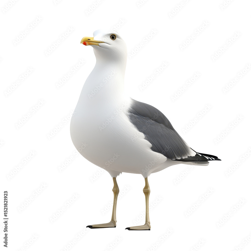 Naklejka premium Seagull standing on a white background with a calm expression and a slight tilt of its head
