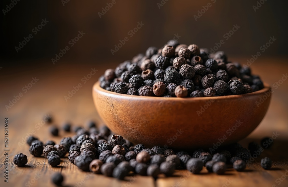 Black peppercorns in wooden bowl on wooden table. This spice adds flavor to cuisine, commonly used as seasoning. Food ingredient cooking, kitchen concept, close-up view. Black peppercorns in wooden bowl on wooden table. This spice adds flavor to cuisine, commonly used as seasoning. Food ingredient cooking, kitchen concept, close-up view.